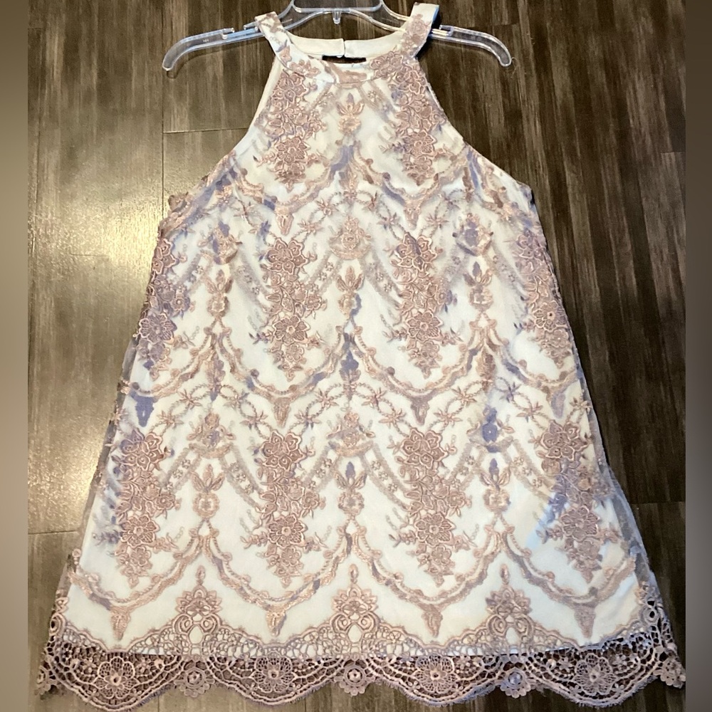 Altar’d State Elegant Lace Overlay A-Line Halter Dress Sz S Lt Blue & Gray
